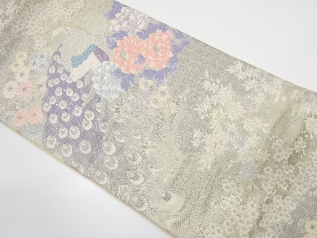 アンティーク　プラチナ箔　慶長富貴孔雀文織り出し袋帯（着用可）